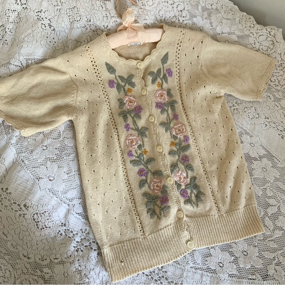 Vintage eva  embedded floral cream cardigan sweater top - Picture 1 of 8